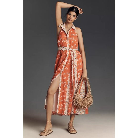 NWT Size M- Maeve 100% Cotton Floral Halter Godet Midi Shirt Dress (NWT US $188) - Picture 1 of 16